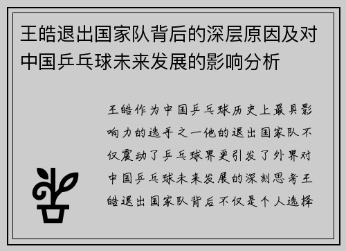王皓退出国家队背后的深层原因及对中国乒乓球未来发展的影响分析