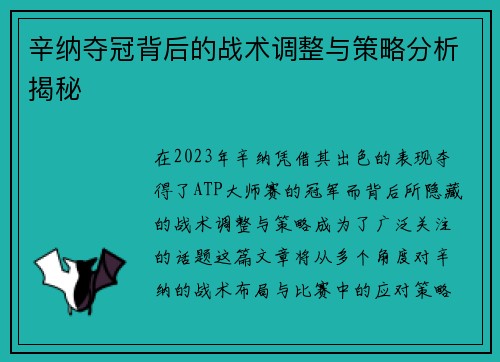 辛纳夺冠背后的战术调整与策略分析揭秘